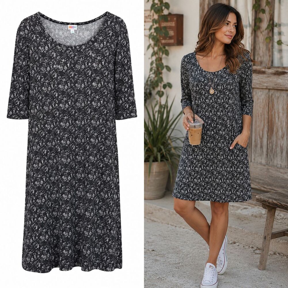 LuLaRoe Julia 2XL Pencil Sheath Stretch Dress Charcoal Grey/White Floral Coastal